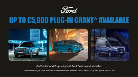 Ford plug-in grant promo title with 3 Ford vans below