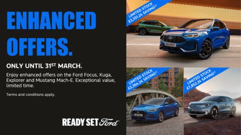 Three Ford Models Displayed on The Right, Promotional Messaging on Left