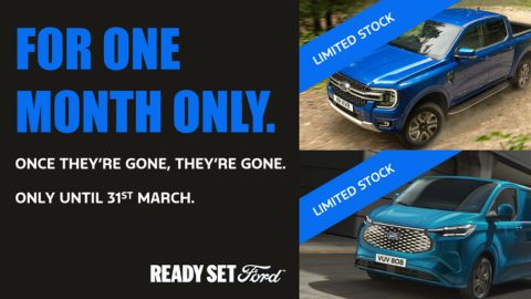 Two Blue Ford CV Vehicles on Right With Promo Messaging on Left