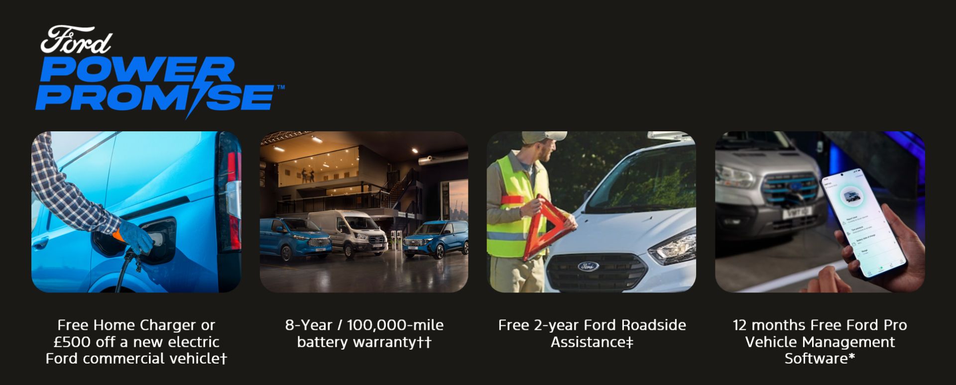 Ford Pro Power Promise. Getting your home charging ready, delivering support services that enable easy charging on the go.