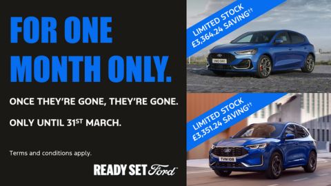 Two Blue Ford Vehicles With Promotional Messaging on Black Background on Left