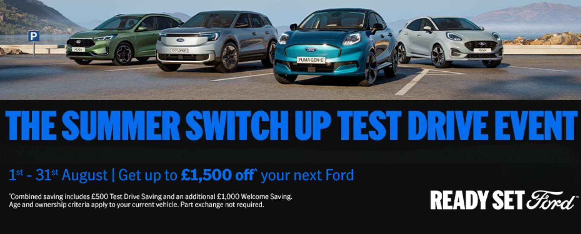 Four Ford Vehicles Parked In Car Park With Promotional Messaging Below