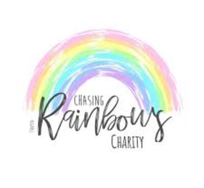Rainbow logo with grey calligraphy text. Chasing Rainbows Charity logo,