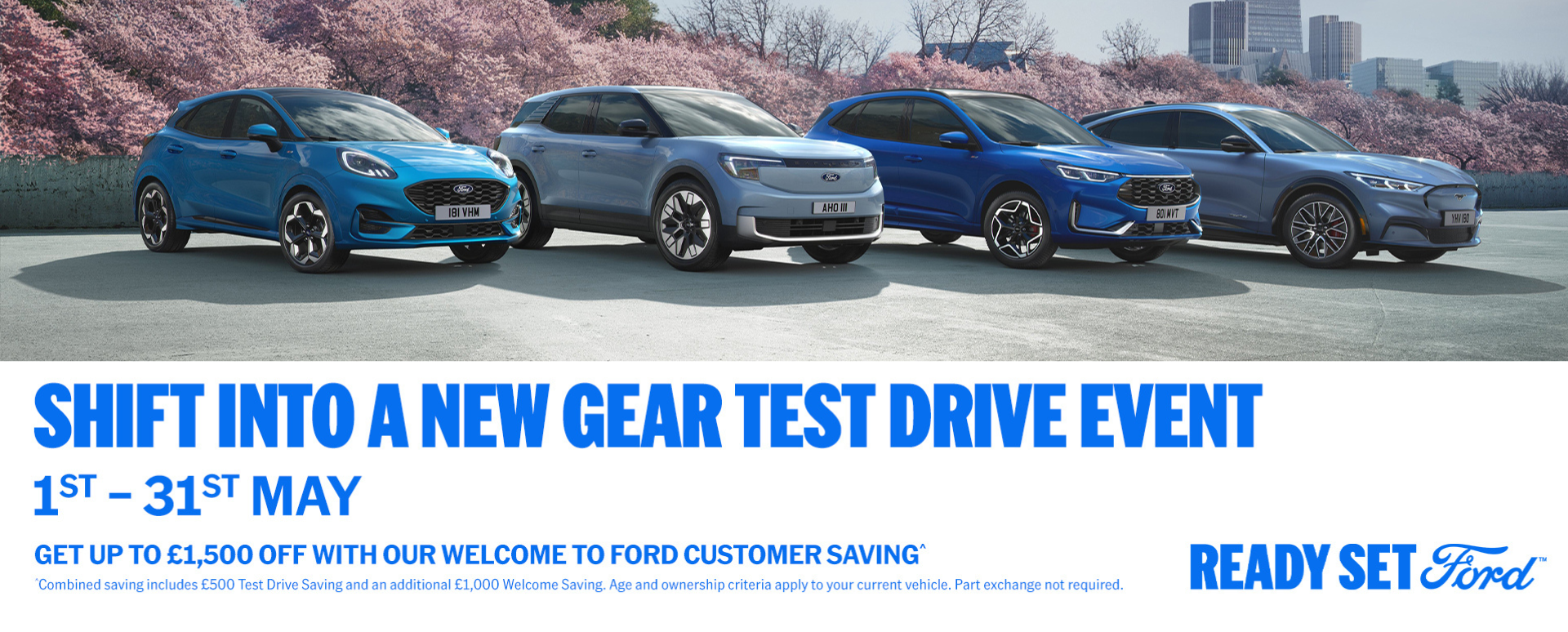 Four blue Ford vehicles with city backdrop. Blue promotional text overlay.