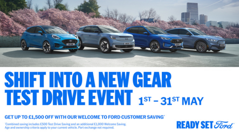 Four blue Ford vehicles with city backdrop. Blue promotional text overlay.