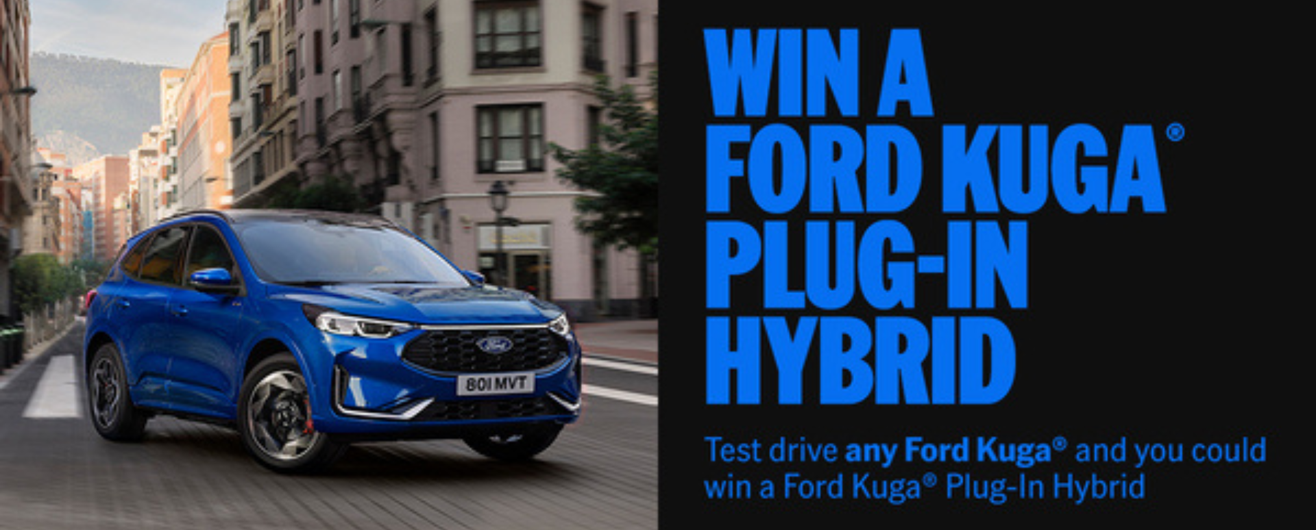 Blue PHEV Ford Kuga in a city. Win a Ford Kuga Plug-In Hybrid promotion