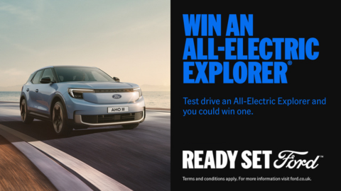 Ford Explorer vehicle driving on a road at sunset. Promotional text overlay.