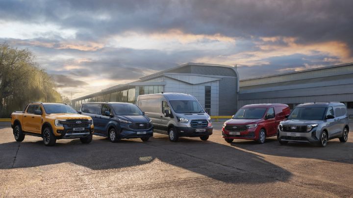 Range of Ford's commercial vehicle range parked outside a commercial building