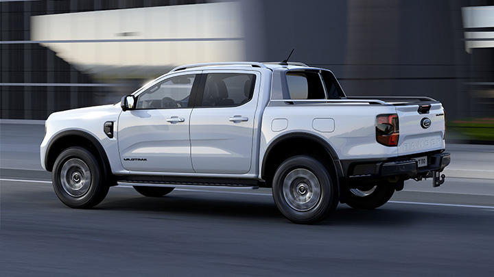 White Ford Ranger Plug-in Hybrid Driving
