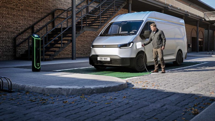 Ford Transit City van plugged in and charging at an on‑street electric charger