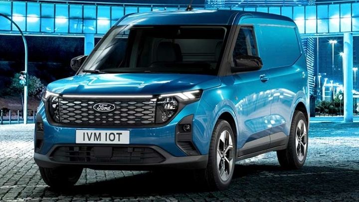 Front of blue Ford E-Transit Courier