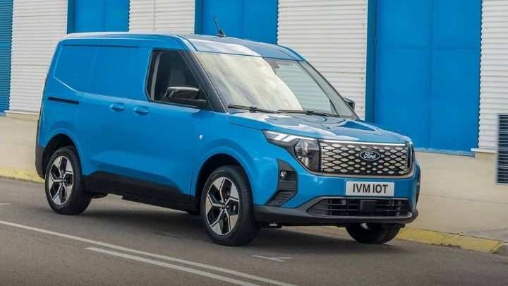 Side of blue Ford E-Transit Courier