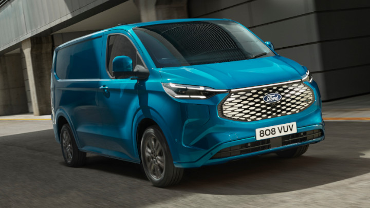 Blue Ford E-Transit Custom Exterior Front Driving