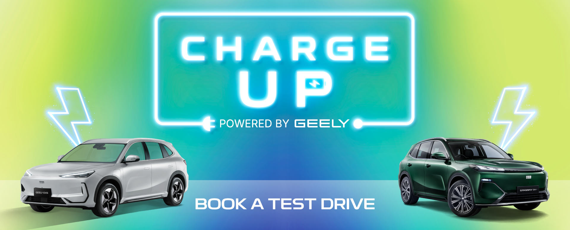 Two Geely cars in white and green featured on neon gradient background. White promotional overlay text.