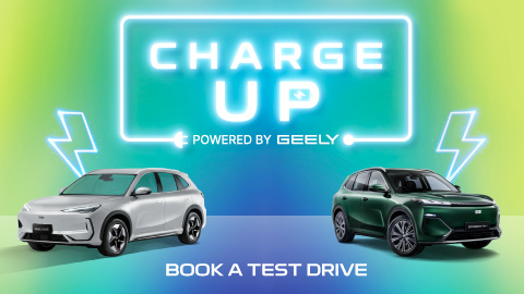 Two Geely cars in white and green featured on neon gradient background. White promotional overlay text.