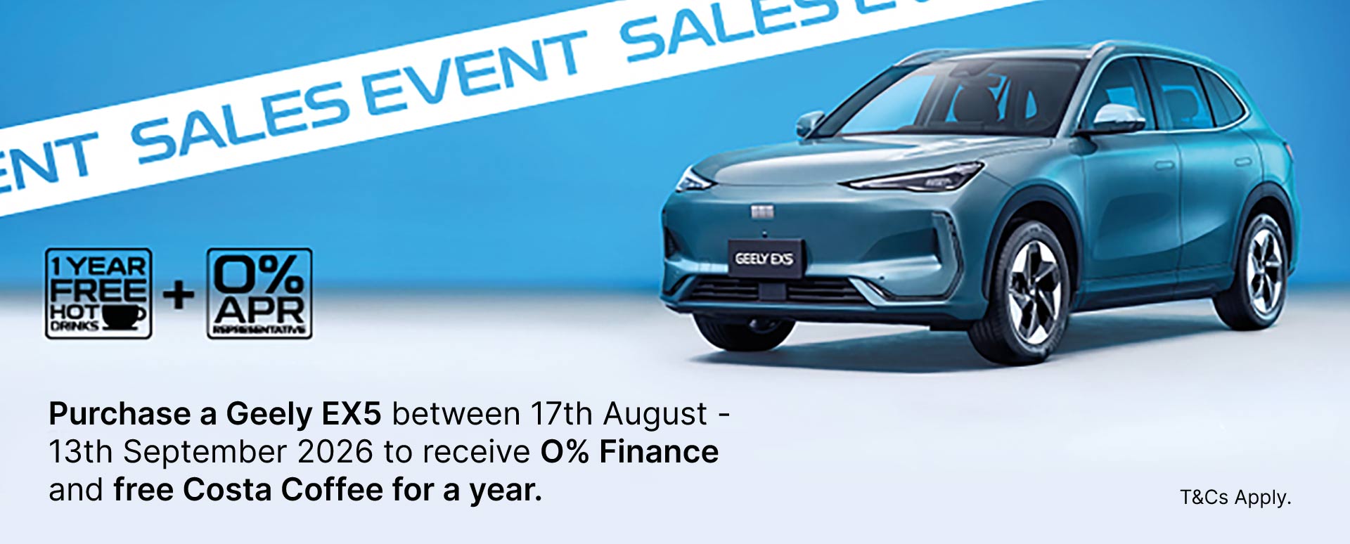 Blue Geely car with white Sales Event tape overlay.