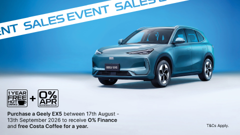 Blue Geely car with white Sales Event tape overlay.