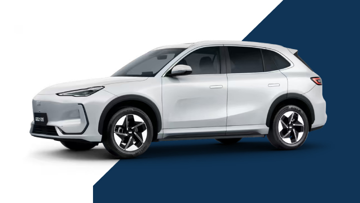 White Geely EX5 Exterior Front on White and Blue Background