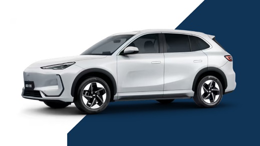 White Geely EX5 Exterior Front on White and Blue Background