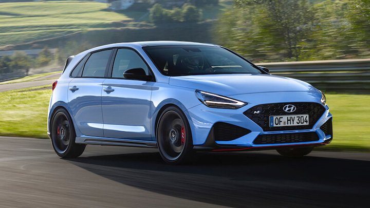 Blue Hyundai i30 N driving