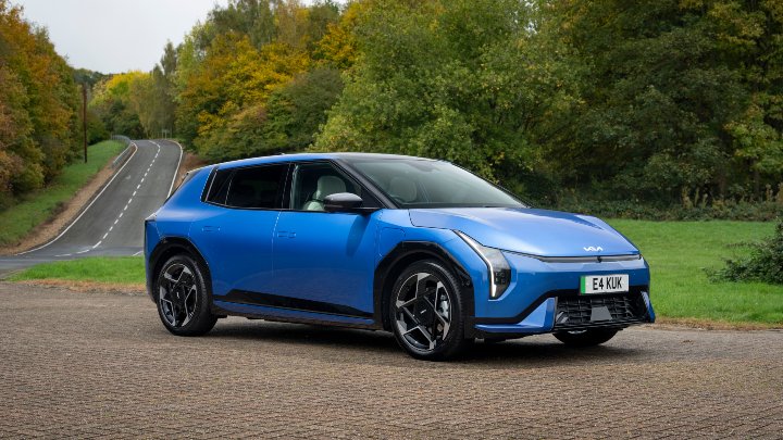 Blue Kia EV4 Exterior Front Static in Rural Area