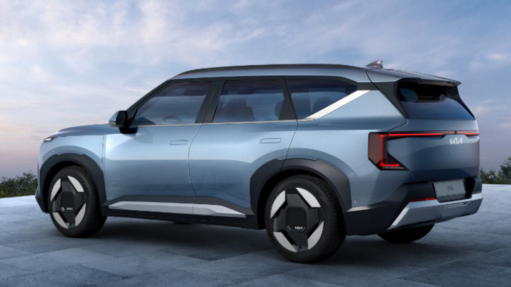 Kia EV5 Side rear angle in blue