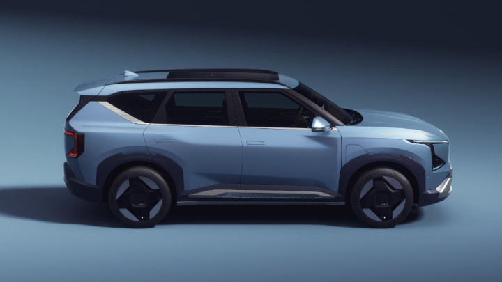 Kia EV5 side angle alternate with aerial view