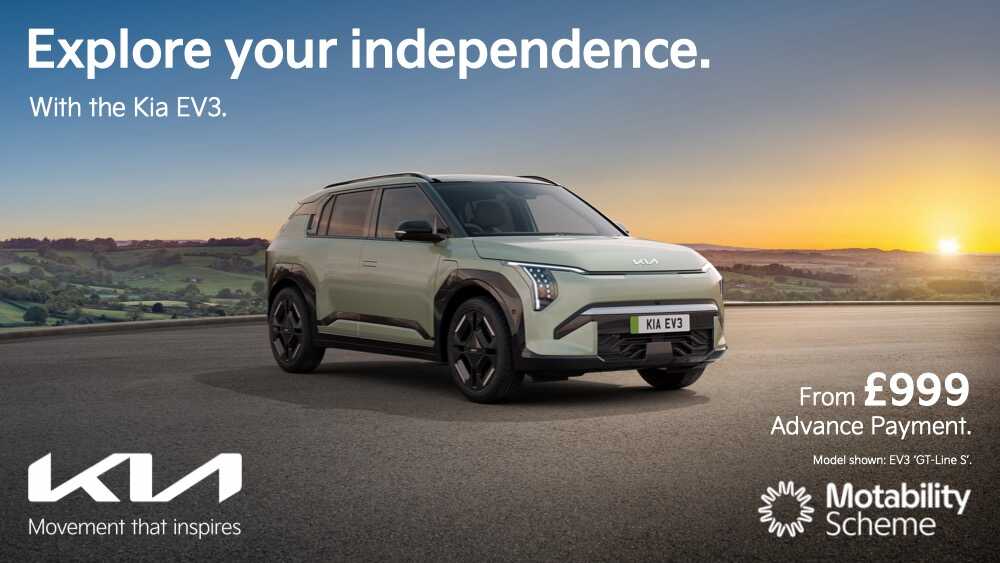 Sage green Kia EV3 parked on concrete with Motability offer information