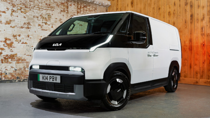 Kia PV5 Cargo in White Parked Front Angle