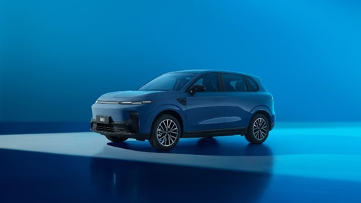 Front three-quarter view of a blue Leapmotor B10 electric SUV in a modern studio environment