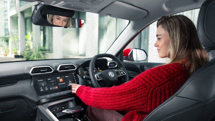 MG ZS Interior with Woman in Red Cardigan