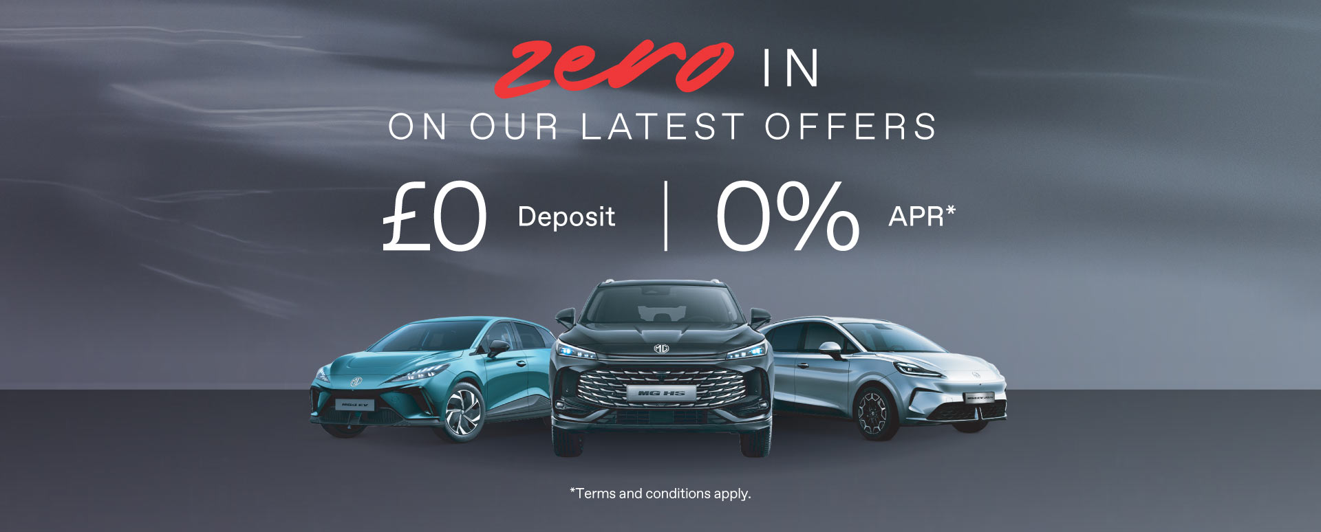 3 MG Motor vehicles on grey studio background. White and red promotional text overlay.
