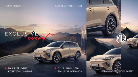 Collage of MG car with mountain backdrop. Promotional text overlay.