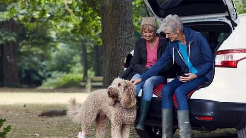 Two old ladies sitting in the open boot of a Nissan Qashqai in the countryside, whilst petting a dog