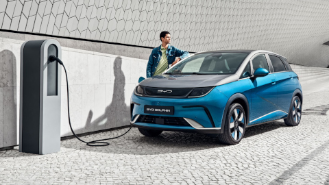 Blue BYD Dolphin Charging On Roadside