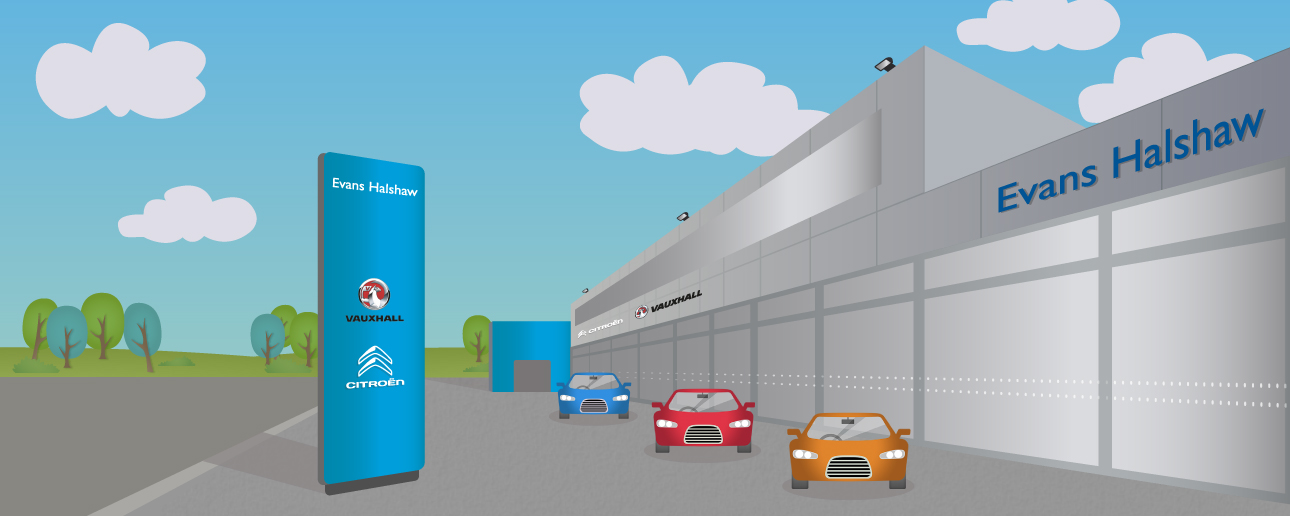 Cartoon Evans Halshaw Dealership