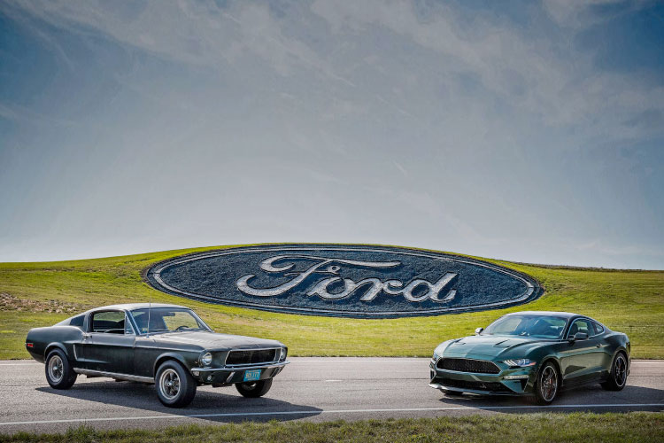 Ford Mustang Bullitt parked next to Mustang from film