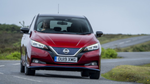 Red Nissan LEAF +e Tekna Exterior Front Driving