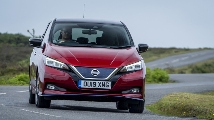 Red Nissan LEAF +e Tekna Exterior Front Driving