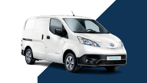 White Nissan e-NV200 Exterior Front on White and Blue Background