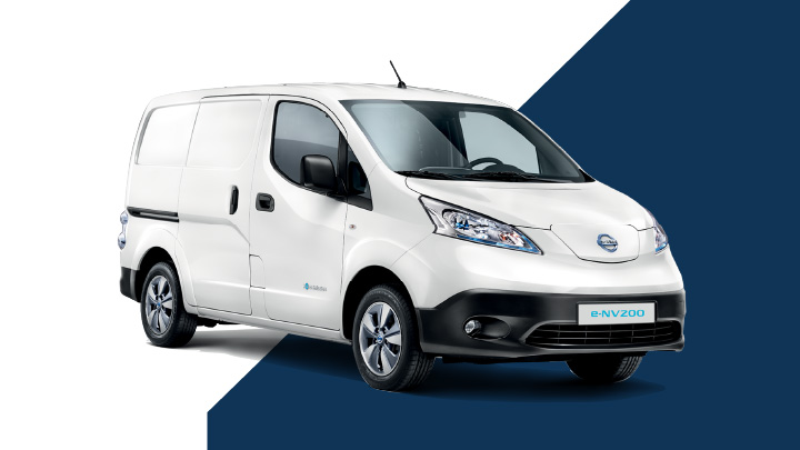 White Nissan e-NV200 Exterior Front on White and Blue Background