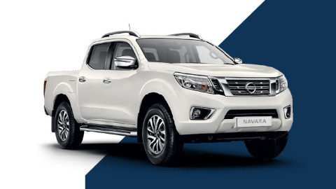 White Nissan Navara Exterior Front Static in Front of White and Blue Background