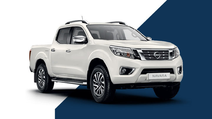 White Nissan Navara Exterior Front Static in Front of White and Blue Background