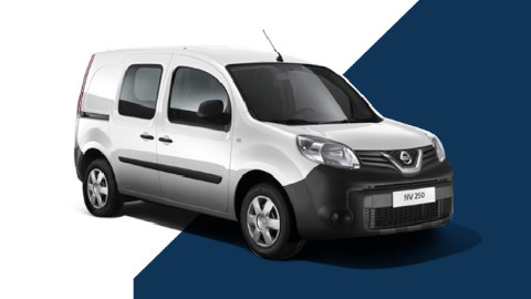 White Nissan NV250 Exterior Front on White and Blue Background