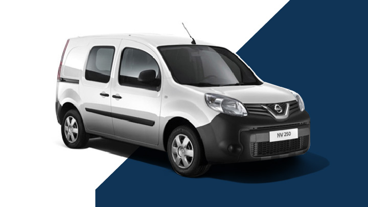 White Nissan NV250 Exterior Front on White and Blue Background