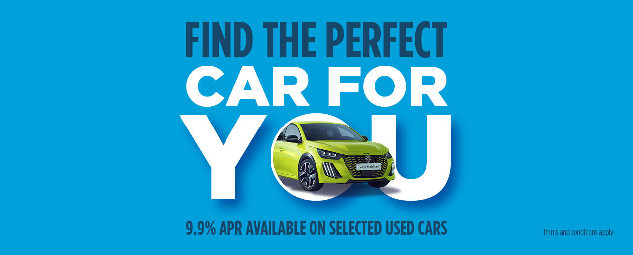 Blue background with the large headline 'find the perfect car for you' with a yellow car coming out of the letter 'o'