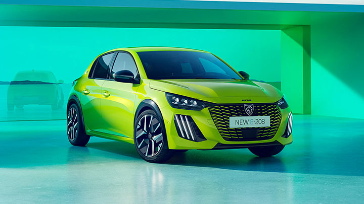 Yellow Peugeot e-208 Exterior Front