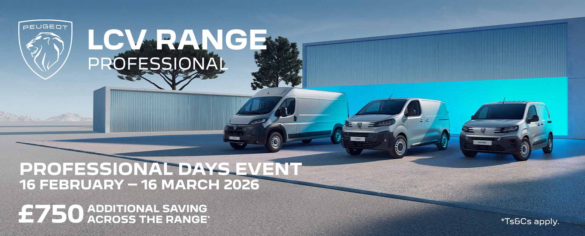 Three Peugeot vans parked in a futuristic setting