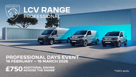 Three Peugeot vans parked in a futuristic setting