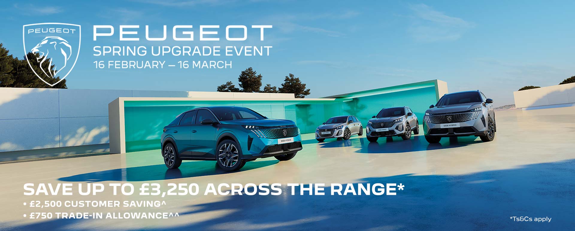 Four Peugeot Vehicles Parked in Blank Outdoor Space with Promotional Messaging